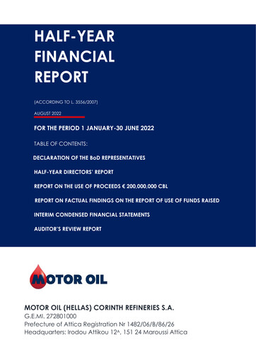 Thumbnail Motor Oil (Hellas) Corinth Refineries Half-year Report 2022