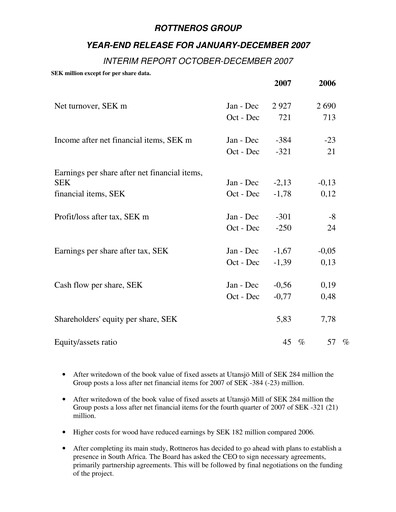 Thumbnail Rottneros Financial Statement 2007