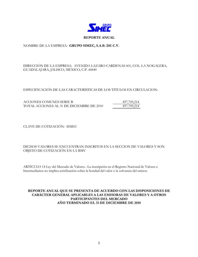 Thumbnail Grupo Simec Annual Report 2010