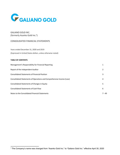 Thumbnail Galiano Gold Financial Statement 2020