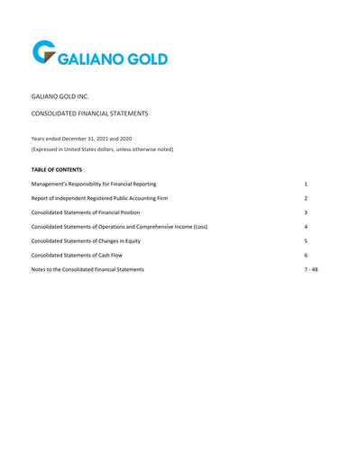 Thumbnail Galiano Gold Financial Statement 2021