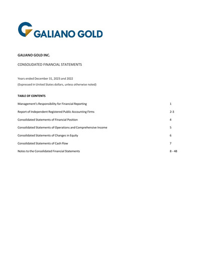 Thumbnail Galiano Gold Financial Statement 2023