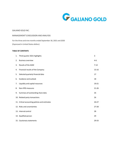 Thumbnail Galiano Gold Quarterly Report 2021-q3