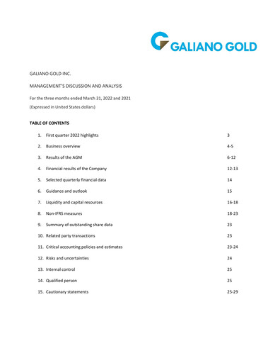 Thumbnail Galiano Gold Quarterly Report 2022-q1