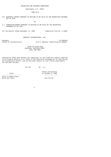 Thumbnail Marriott International Quarterly Report 1998-q3