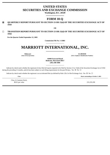 Thumbnail Marriott International Quarterly Report 2003-q3