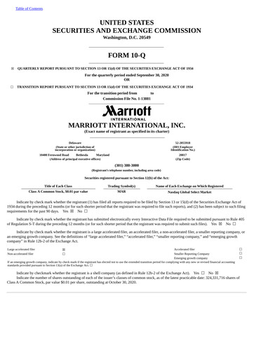 Thumbnail Marriott International Quarterly Report 2020-q3
