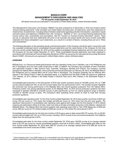 Thumbnail B2Gold
 Quarterly Report 2016-q3