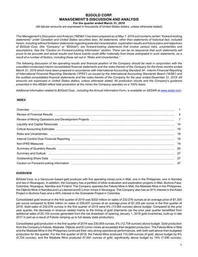 Thumbnail B2Gold
 Quarterly Report 2019-q1