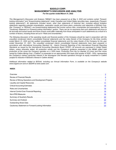 Thumbnail B2Gold
 Quarterly Report 2022-q1