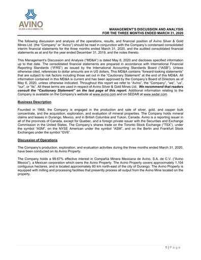 Thumbnail Avino Silver & Gold Mines
 Quarterly Report 2020-q1