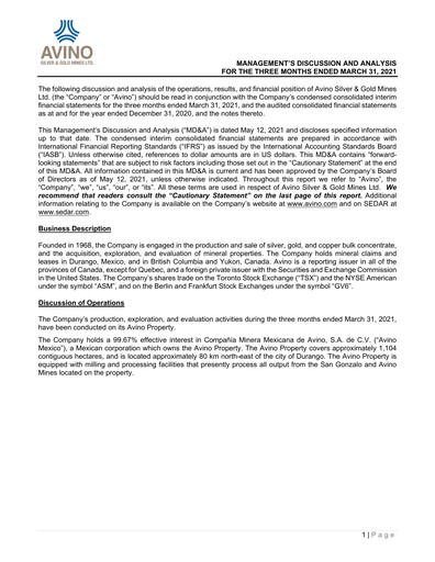 Thumbnail Avino Silver & Gold Mines
 Quarterly Report 2021-q1