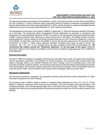 Thumbnail Avino Silver & Gold Mines
 Quarterly Report 2022-q1