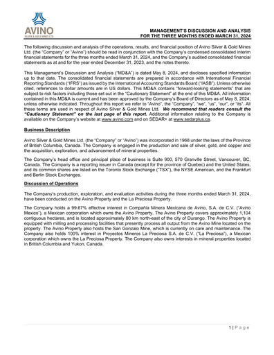 Thumbnail Avino Silver & Gold Mines
 Quarterly Report 2024-q1