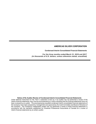 Miniature Americas Gold and Silver Corp Rapport trimestriel 2018-q1