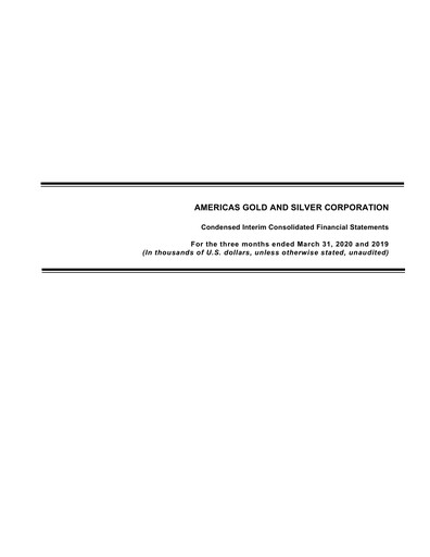 Miniature Americas Gold and Silver Corp Rapport trimestriel 2020-q1