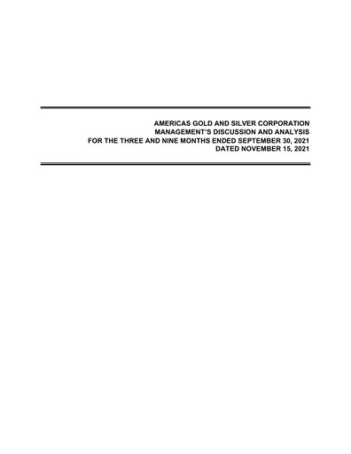Vorschaubild Americas Gold and Silver Corp Quartalsbericht 2021-q3