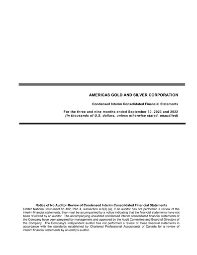 Miniature Americas Gold and Silver Corp Rapport trimestriel 2023-q3
