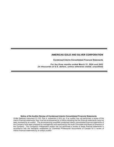 Miniature Americas Gold and Silver Corp Rapport trimestriel 2024-q1