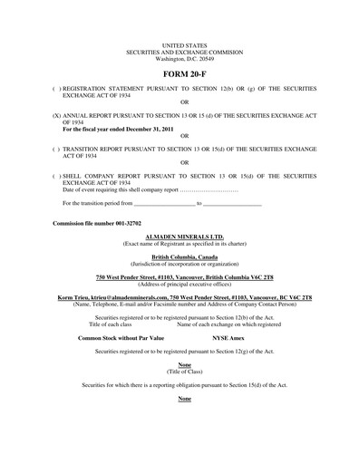 Vorschaubild Almaden Minerals
 Jahresbericht 2011