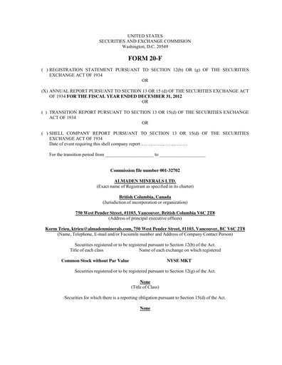 Vorschaubild Almaden Minerals
 Jahresbericht 2012