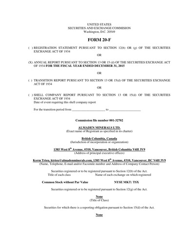 Vorschaubild Almaden Minerals
 Jahresbericht 2015