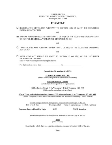 Vorschaubild Almaden Minerals
 Jahresbericht 2021