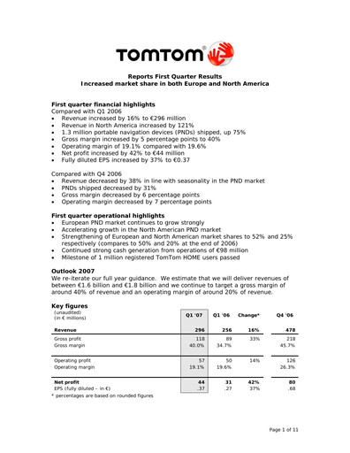 Thumbnail TomTom Quarterly Report 2007-q1