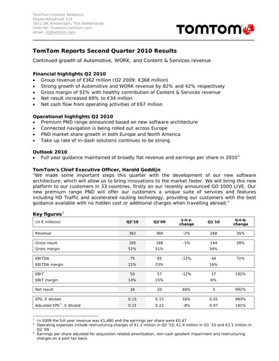 Thumbnail TomTom Quarterly Report 2010-q2