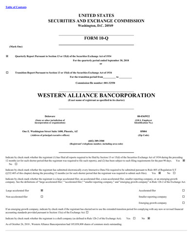 Thumbnail Western Alliance Bancorporation
 Quarterly Report 2018-q3