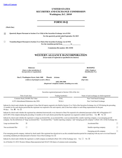 Thumbnail Western Alliance Bancorporation
 Quarterly Report 2019-q3