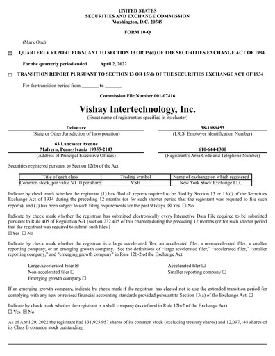 Thumbnail Vishay Intertechnology
 Quarterly Report 2022-q1