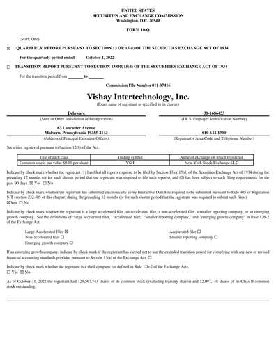 Thumbnail Vishay Intertechnology
 Quarterly Report 2022-q3