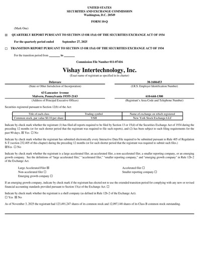Thumbnail Vishay Intertechnology
 Quarterly Report 2025-q3
