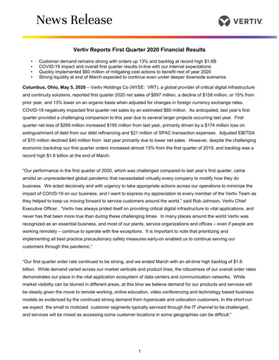 Thumbnail Vertiv Holdings
 Quarterly Report 2020-q1