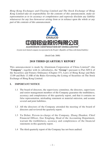 Thumbnail Aluminum Corporation of China Quarterly Report 2018-q3