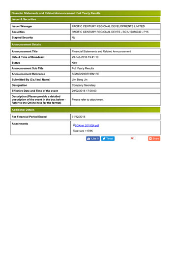 Thumbnail Pacific Century Regional Developments
 Financial Statement 2015