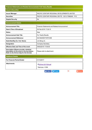 Thumbnail Pacific Century Regional Developments
 Financial Statement 2017