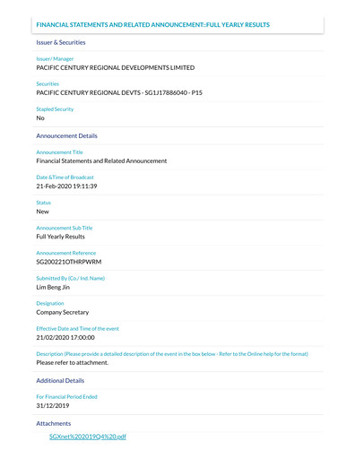 Thumbnail Pacific Century Regional Developments
 Financial Statement 2019