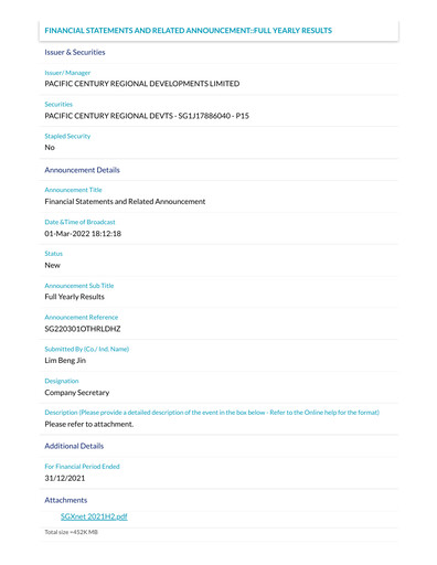Thumbnail Pacific Century Regional Developments
 Financial Statement 2021