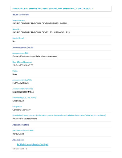 Thumbnail Pacific Century Regional Developments
 Financial Statement 2022