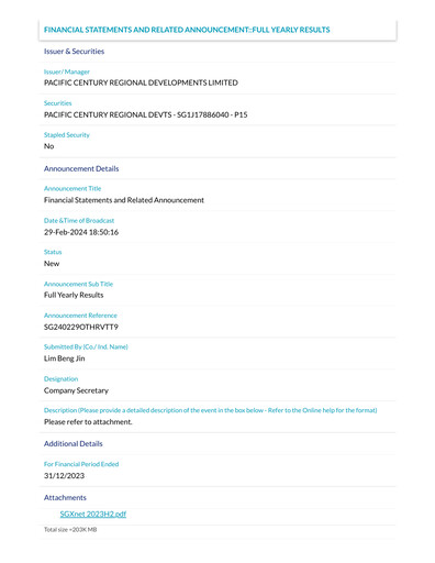 Thumbnail Pacific Century Regional Developments
 Financial Statement 2023