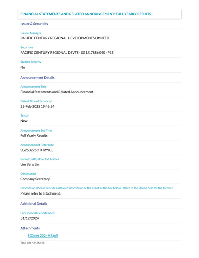 Thumbnail Pacific Century Regional Developments
 Financial Statement 2024