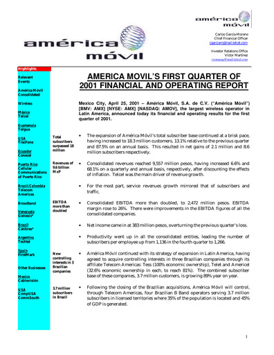 Thumbnail America Movil Quarterly Report 2001-q1