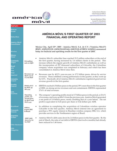 Thumbnail America Movil Quarterly Report 2003-q1