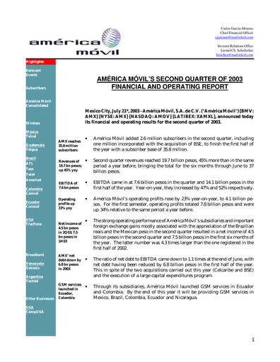 Thumbnail America Movil Quarterly Report 2003-q2