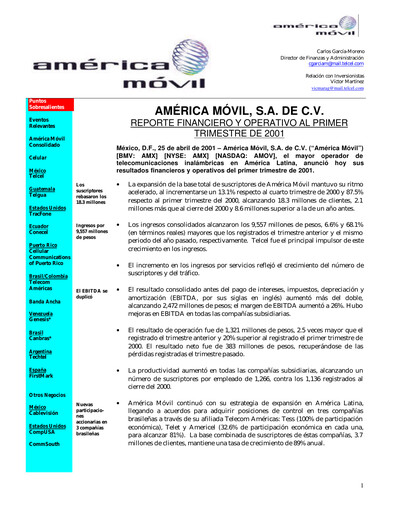 Thumbnail America Movil Quarterly Report 2001-q1
