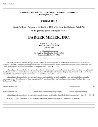 Thumbnail Badger Meter
 Quarterly Report 2014-q2