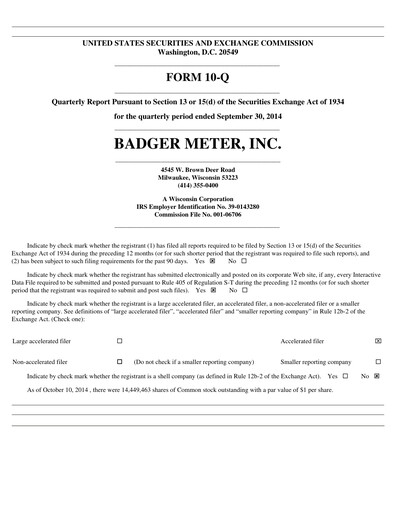 Thumbnail Badger Meter
 Quarterly Report 2014-q3