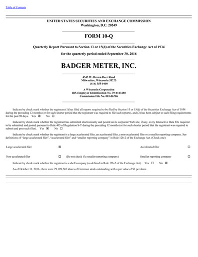 Thumbnail Badger Meter
 Quarterly Report 2016-q3